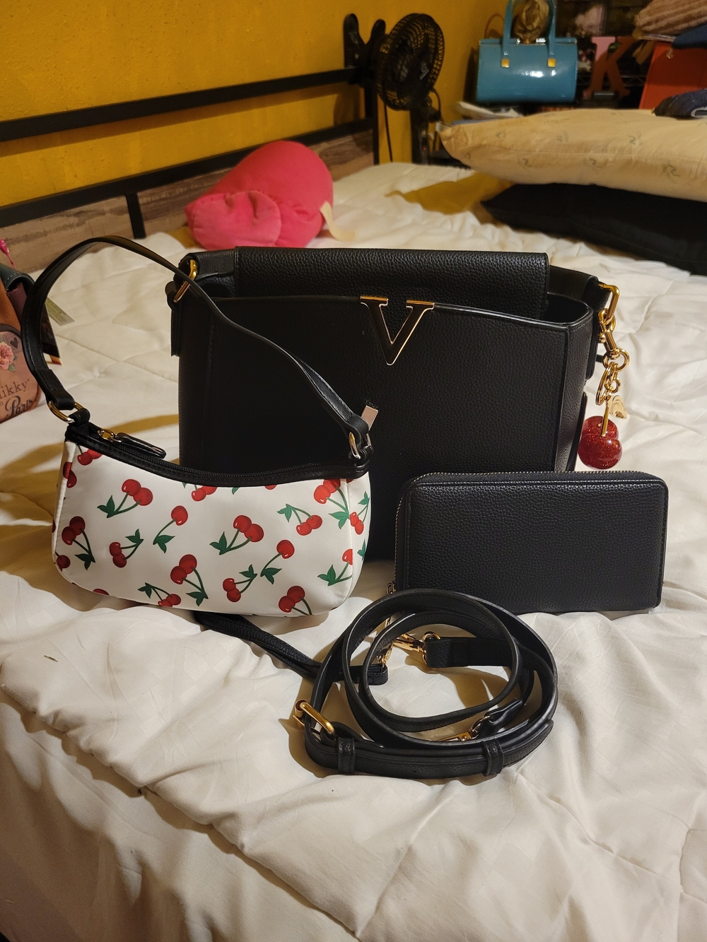 V-Emblem Black Vegan Leather Tote with Black Cherry Print Pouch
